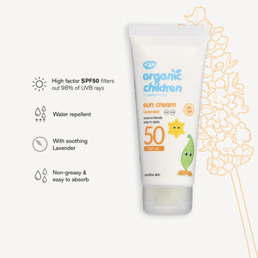 Green People Organic Children SPF50 Sun Cream with text product benefits