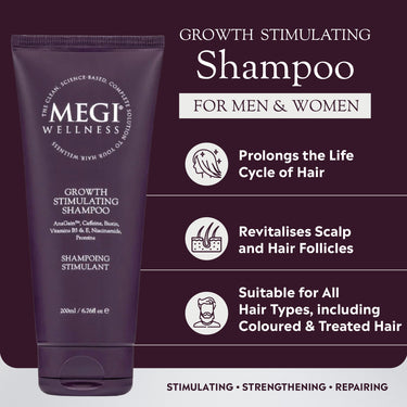 Bottle of Megi Wellness Growth Stimulating Shampoo with the product benefits in text on deep maroon background