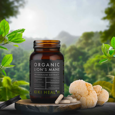 Kiki Health Organic Lion's Mane Mushroom Extract with lion's mane mushrooms and plant background