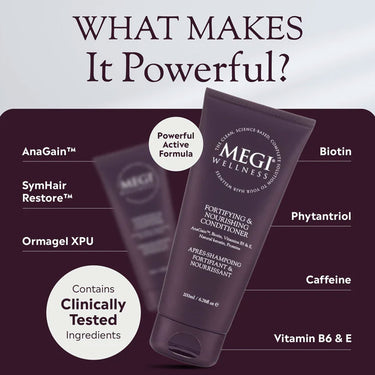 Bottle of Megi Wellness Fortifying & Deep Nourishing Conditioner with the product ingredients in text on deep maroon background